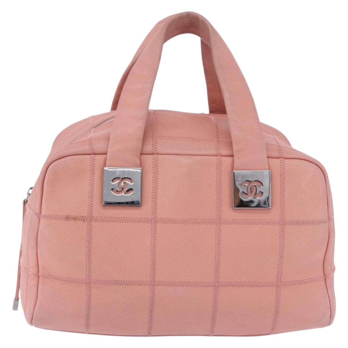 CHANEL Choco Bar Line Mini Boston Bag Leather Pink Silver CC Auth 197897A