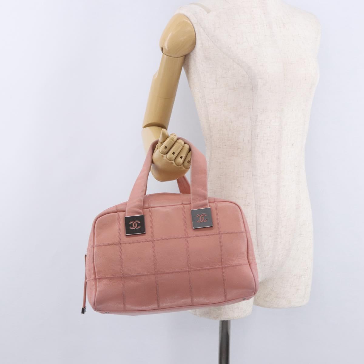 CHANEL Choco Bar Line Mini Boston Bag Leather Pink Silver CC Auth 197897A