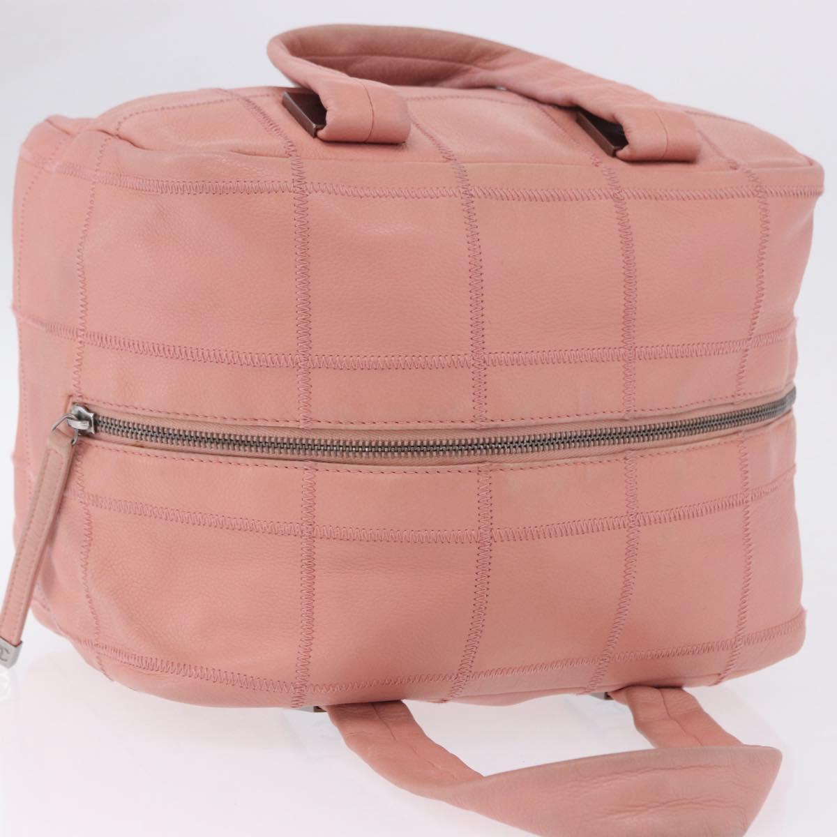 CHANEL Choco Bar Line Mini Boston Bag Leather Pink Silver CC Auth 197897A