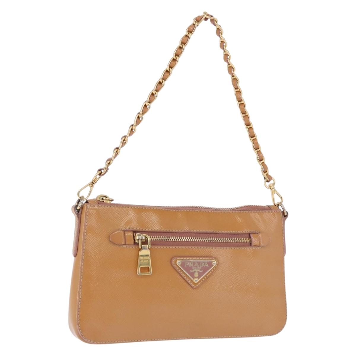 PRADA Chain Hand Pouch Patent Leather Pink Gold Auth 197902V