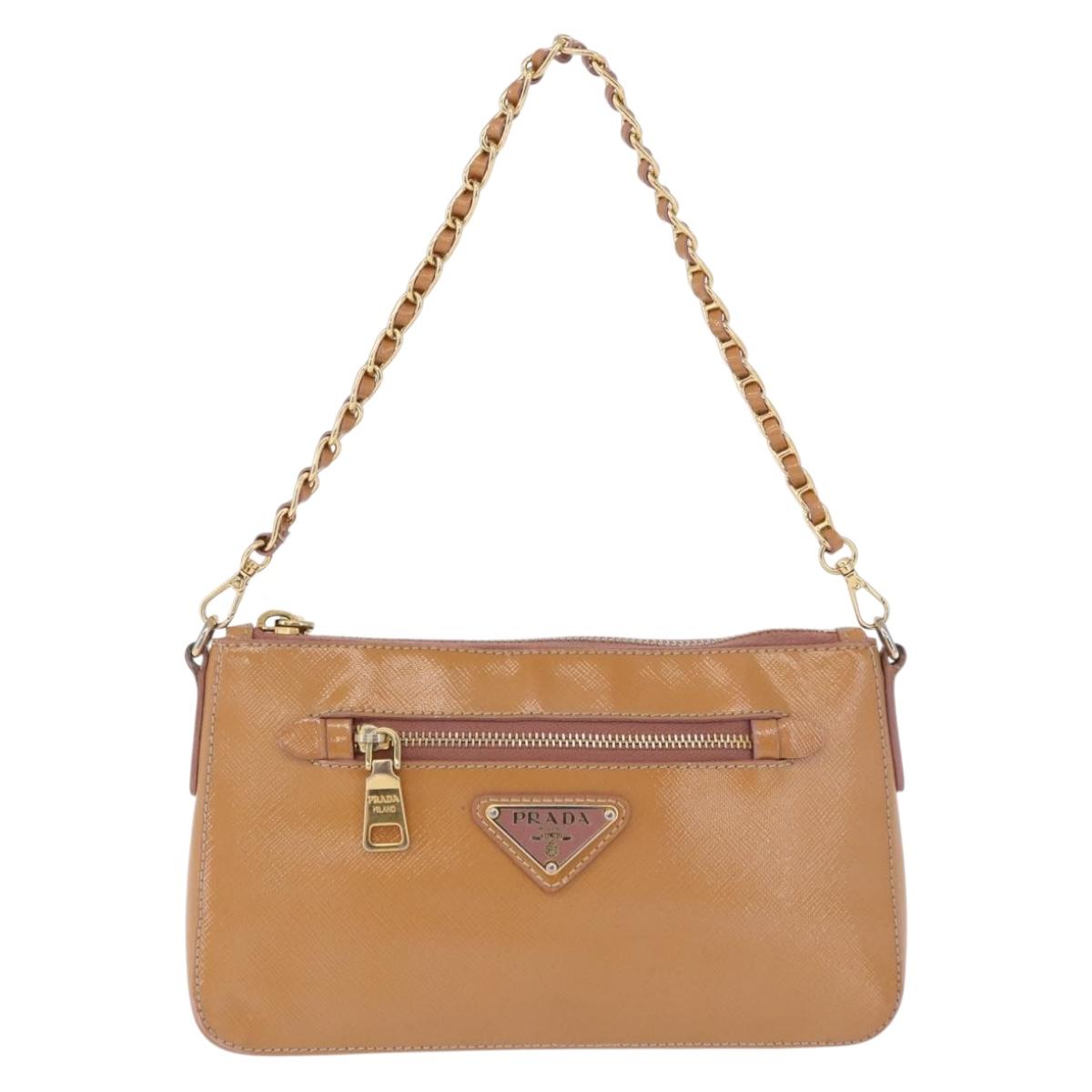 PRADA Chain Hand Pouch Patent Leather Pink Gold Auth 197902V