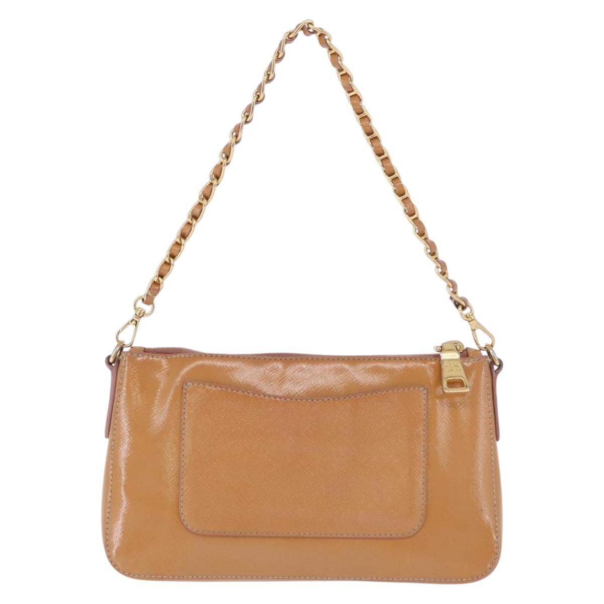 PRADA Chain Hand Pouch Patent Leather Pink Gold Auth 197902V
