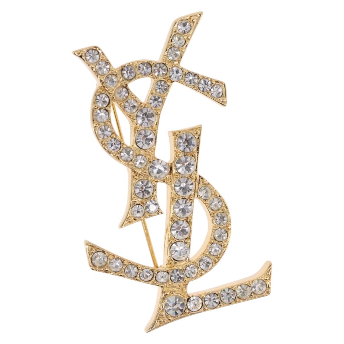 SAINT LAURENT Rhine Stone Brooch Metal Gold Tone Auth 197917M