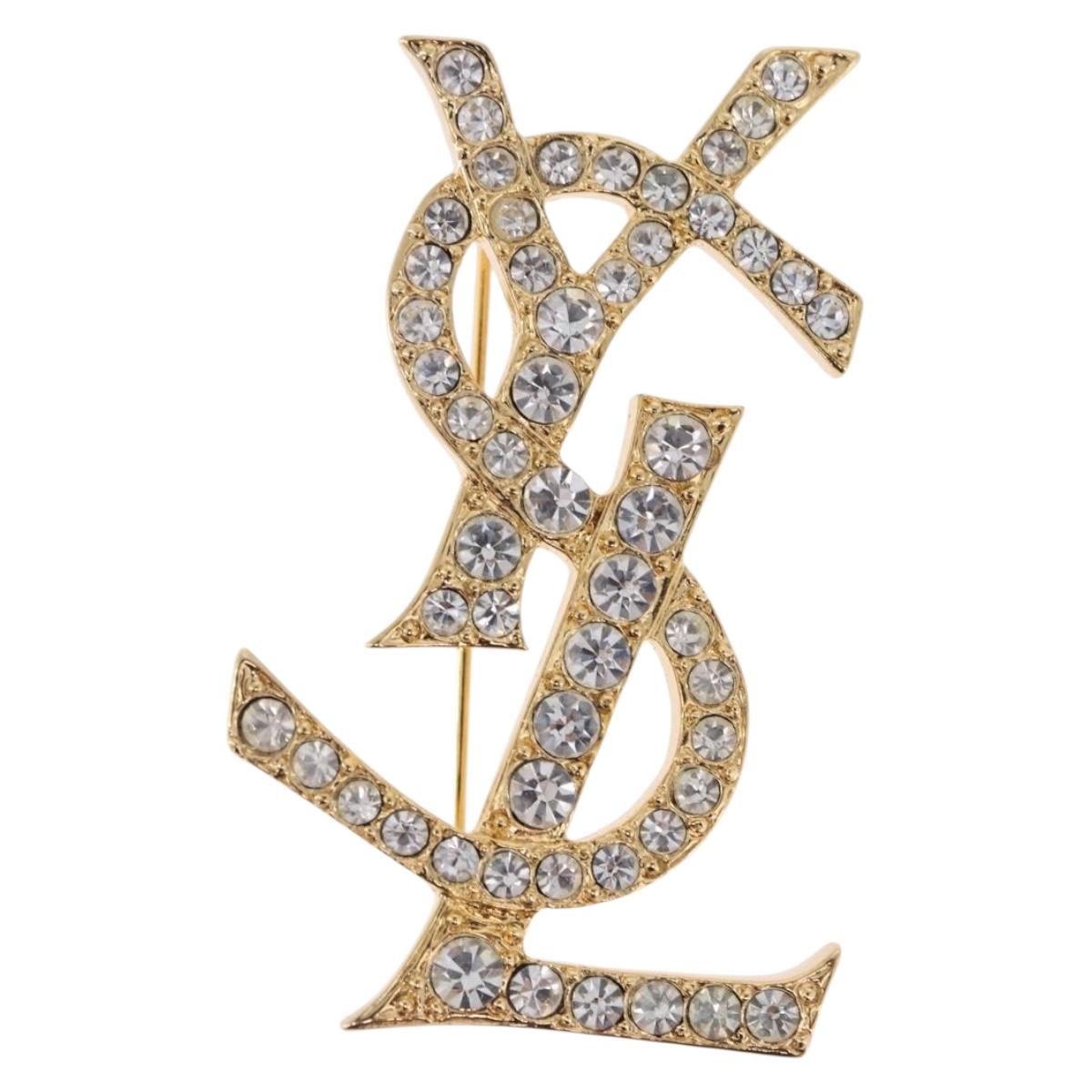 SAINT LAURENT Rhine Stone Brooch Metal Gold Tone Auth 197917M