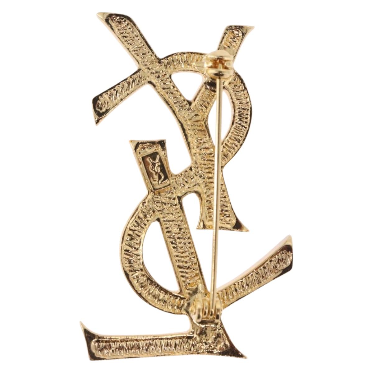 SAINT LAURENT Rhine Stone Brooch Metal Gold Tone Auth 197917M