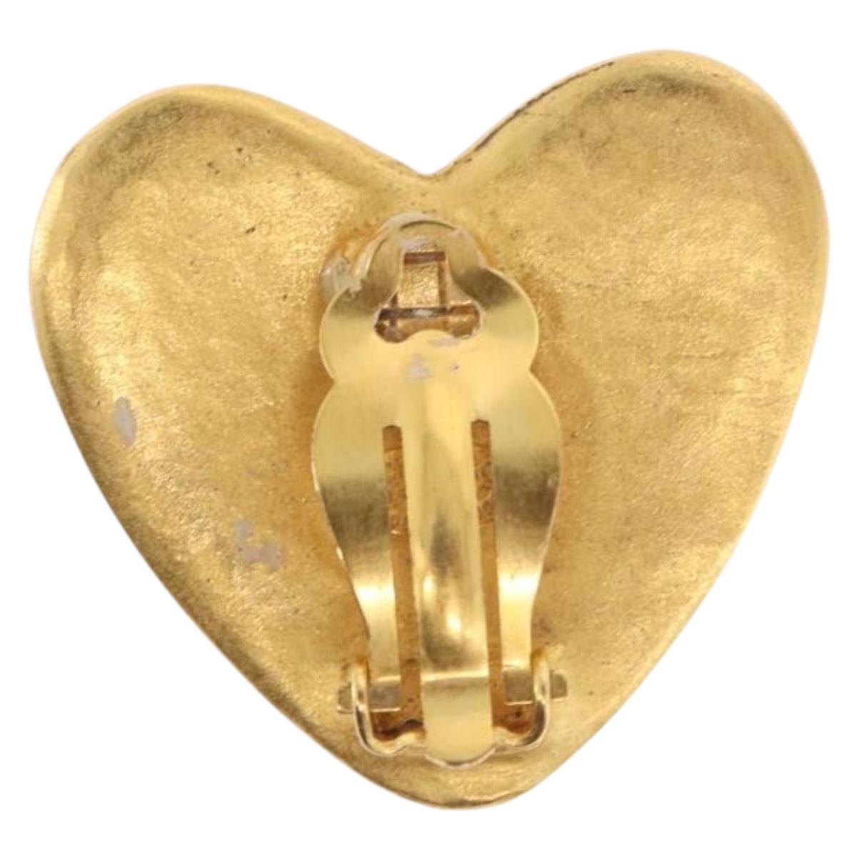 CHANEL Heart Earring Metal Gold Tone CC Auth 197921M