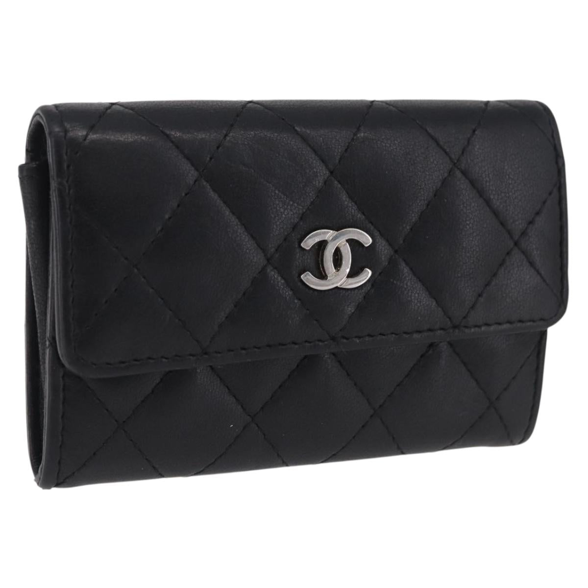 CHANEL Matelasse Card Case Lamb Skin Black Silver CC Auth 197949M