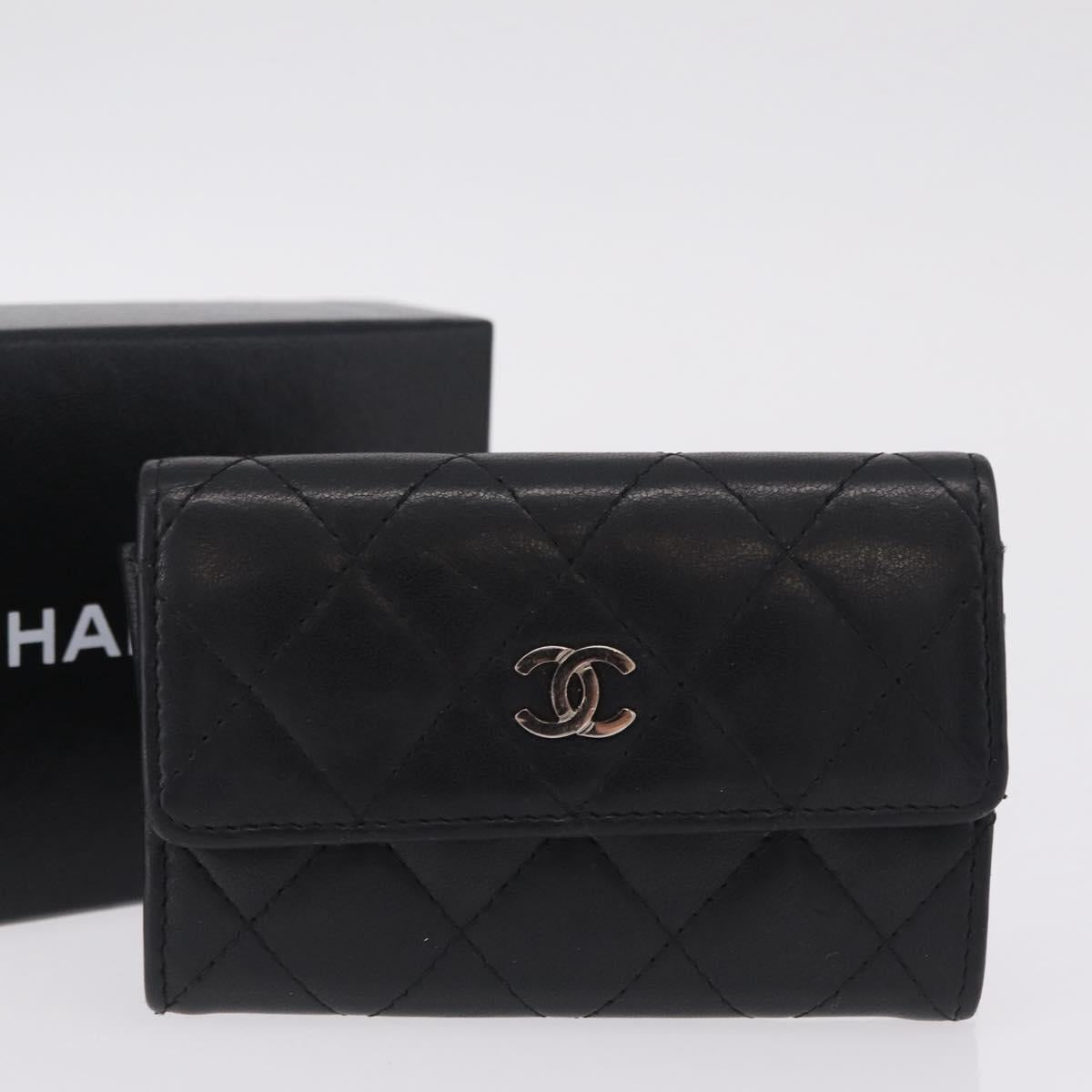 CHANEL Matelasse Card Case Lamb Skin Black Silver CC Auth 197949M