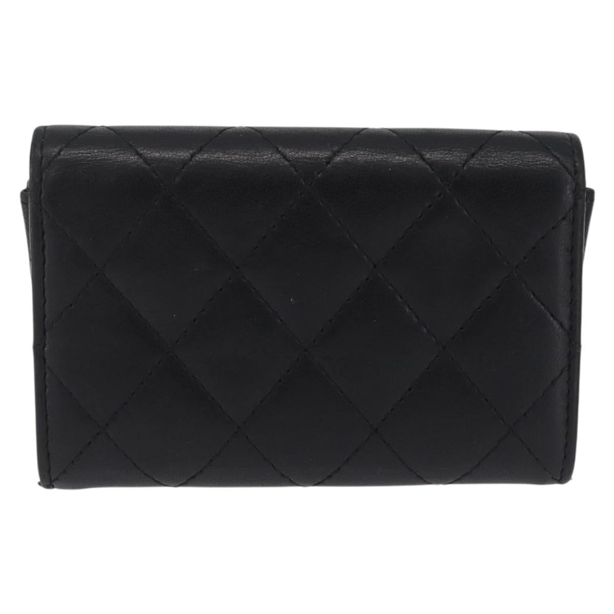 CHANEL Matelasse Card Case Lamb Skin Black Silver CC Auth 197949M