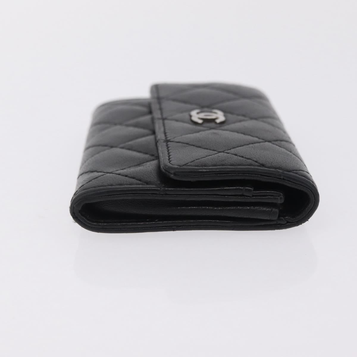 CHANEL Matelasse Card Case Lamb Skin Black Silver CC Auth 197949M