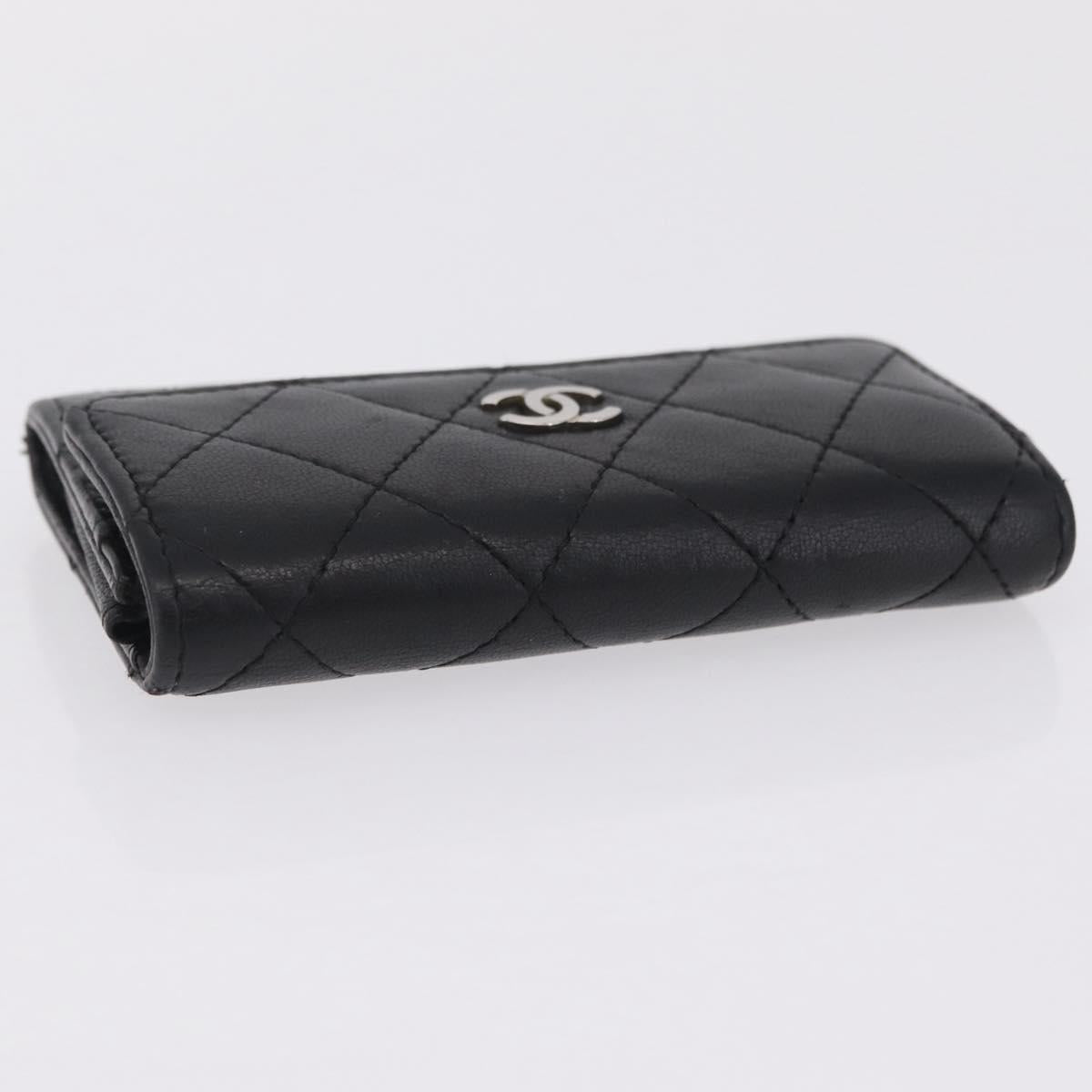 CHANEL Matelasse Card Case Lamb Skin Black Silver CC Auth 197949M