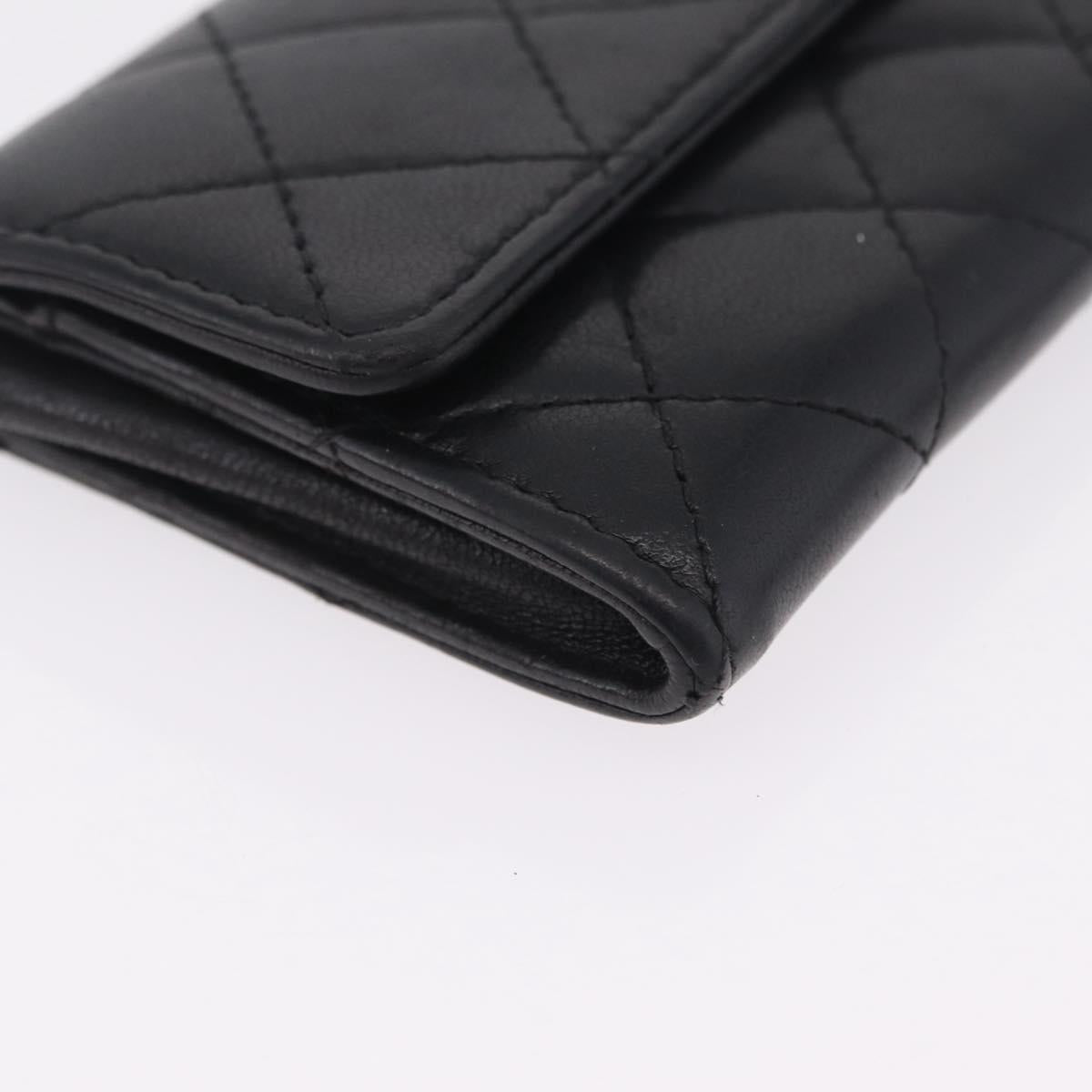 CHANEL Matelasse Card Case Lamb Skin Black Silver CC Auth 197949M