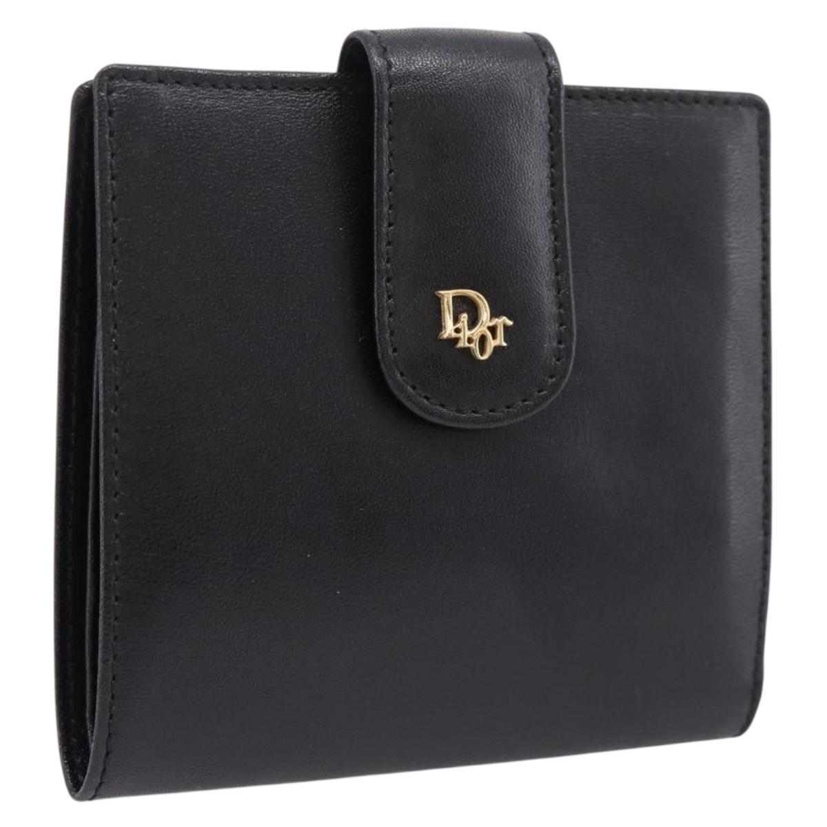 Christian Dior Bifold Wallet Leather Black Gold Auth 197957