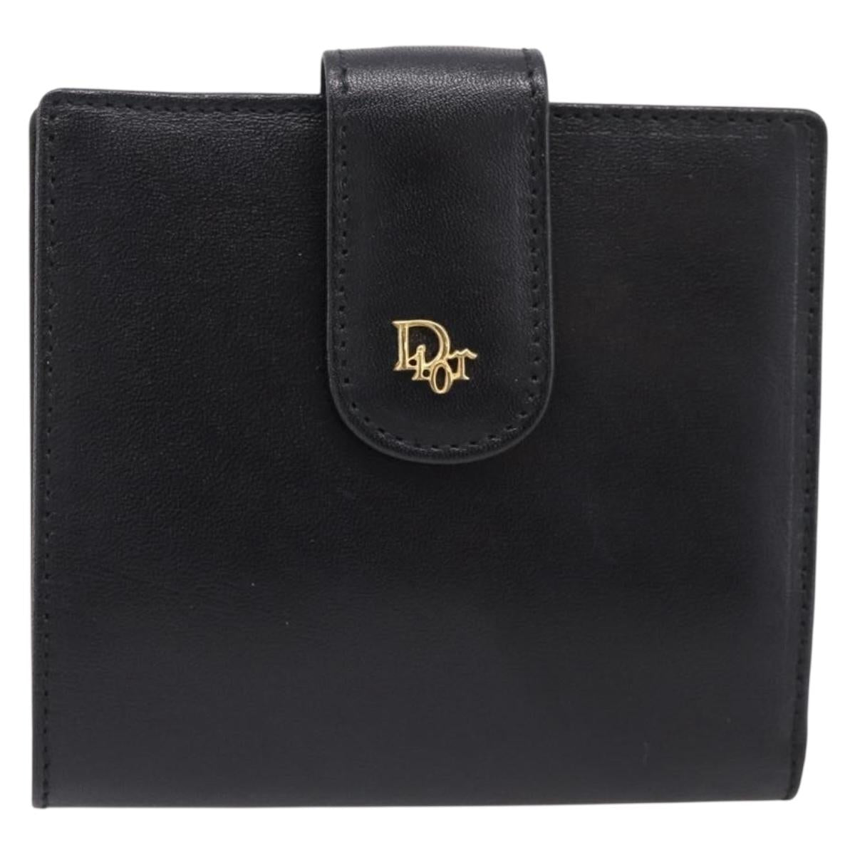 Christian Dior Bifold Wallet Leather Black Gold Auth 197957