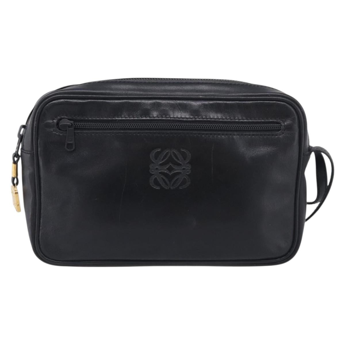 LOEWE Clutch Bag Leather Black Gold Auth 198053