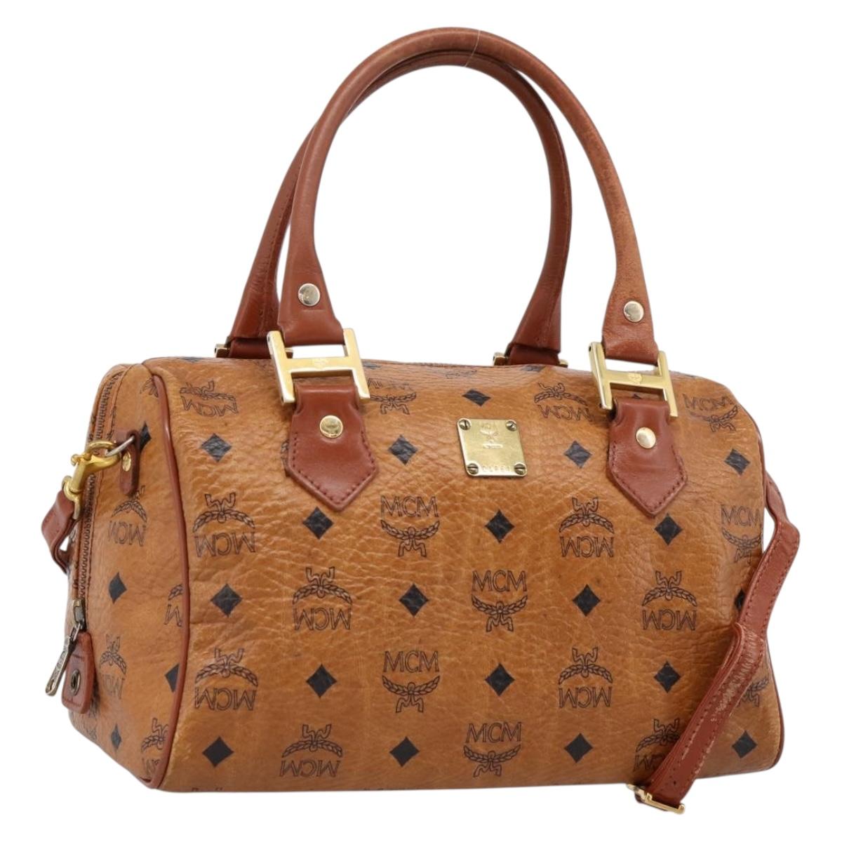 MCM Logogram Vicetos Boston Bag PVC Leather 2way Brown Gold Auth 198253