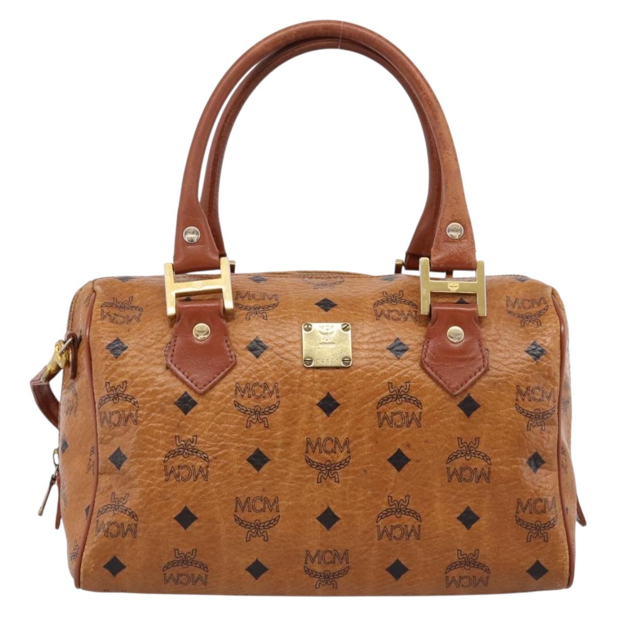 MCM Logogram Vicetos Boston Bag PVC Leather 2way Brown Gold Auth 198253