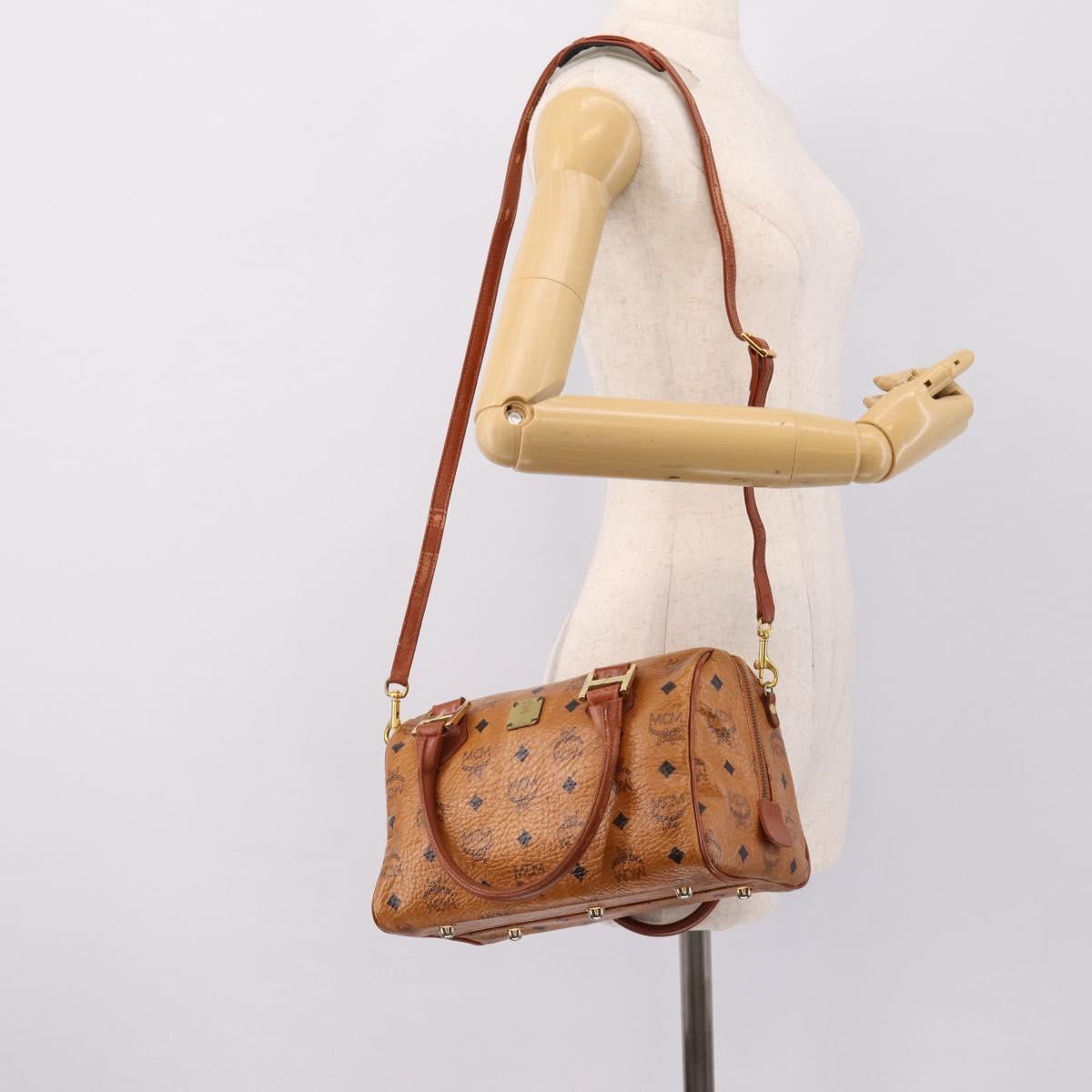 MCM Logogram Vicetos Boston Bag PVC Leather 2way Brown Gold Auth 198253