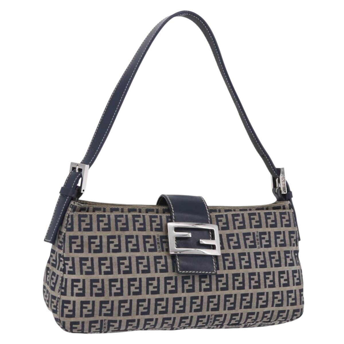 FENDI Zucchino Canvas Mamma Baguette Shoulder Bag Navy Silver Auth 198254V