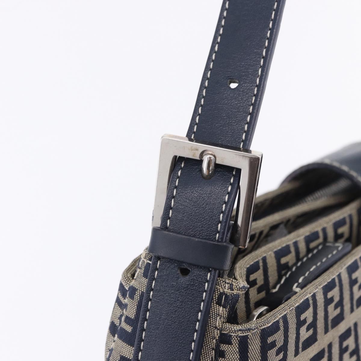 FENDI Zucchino Canvas Mamma Baguette Shoulder Bag Navy Silver Auth 198254V