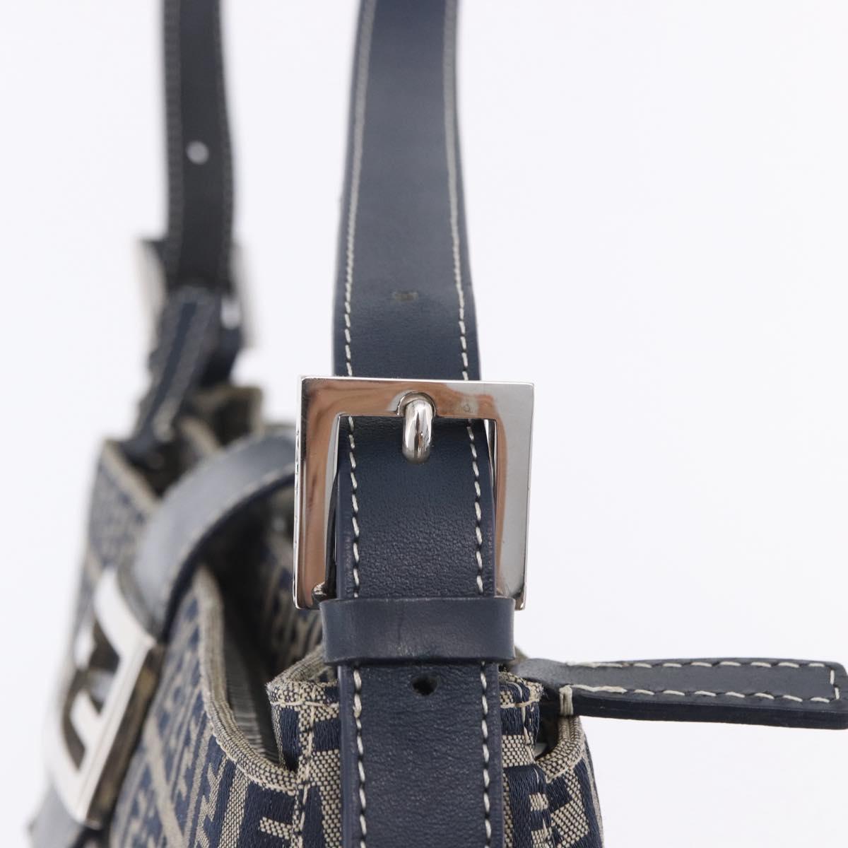 FENDI Zucchino Canvas Mamma Baguette Shoulder Bag Navy Silver Auth 198254V