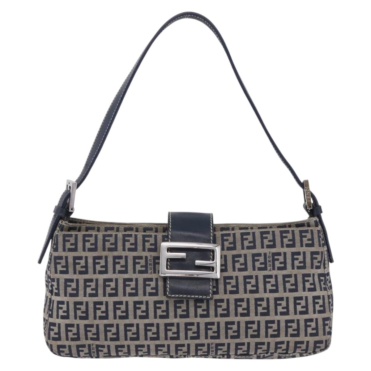 FENDI Zucchino Canvas Mamma Baguette Shoulder Bag Navy Silver Auth 198254V