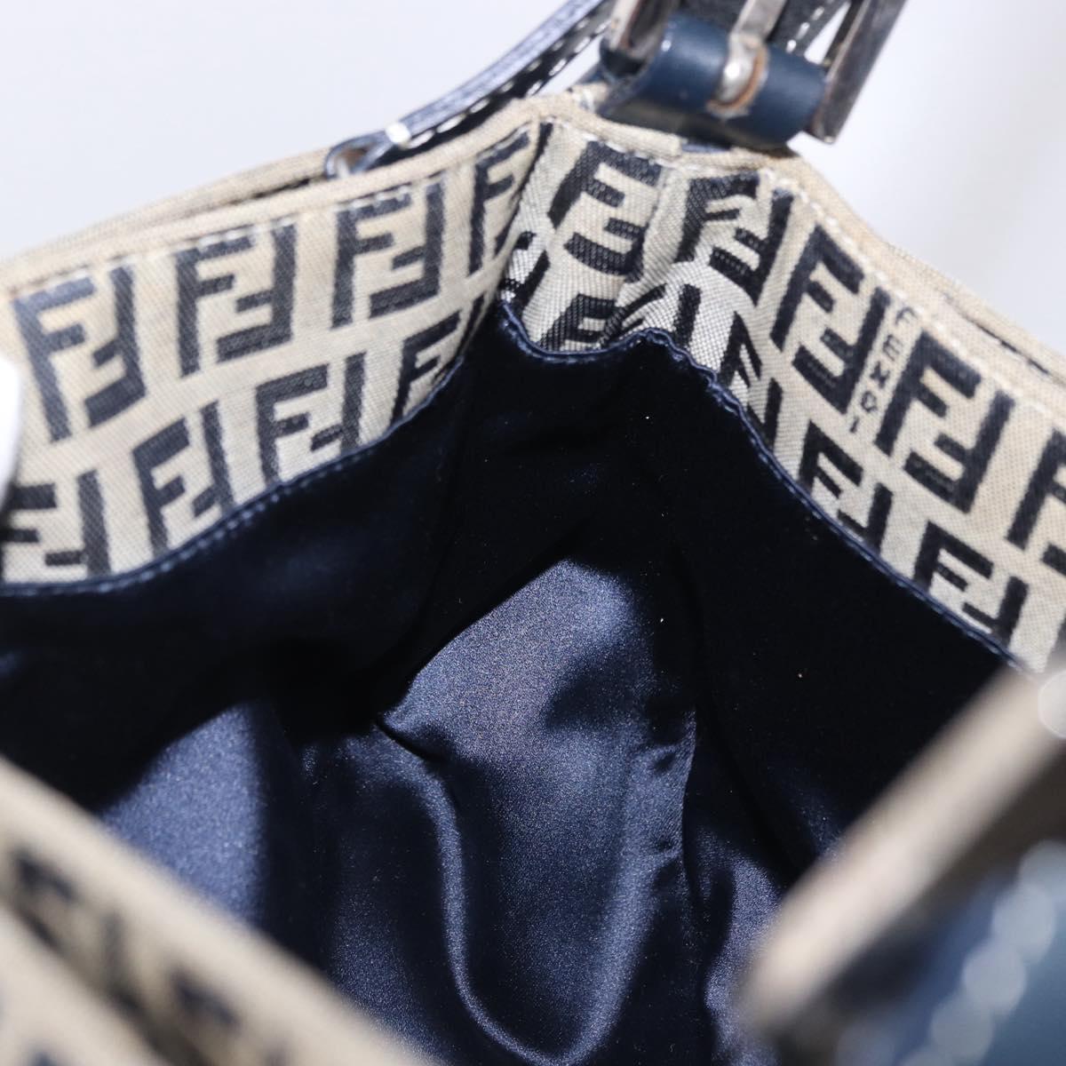 FENDI Zucchino Canvas Mamma Baguette Shoulder Bag Navy Silver Auth 198254V