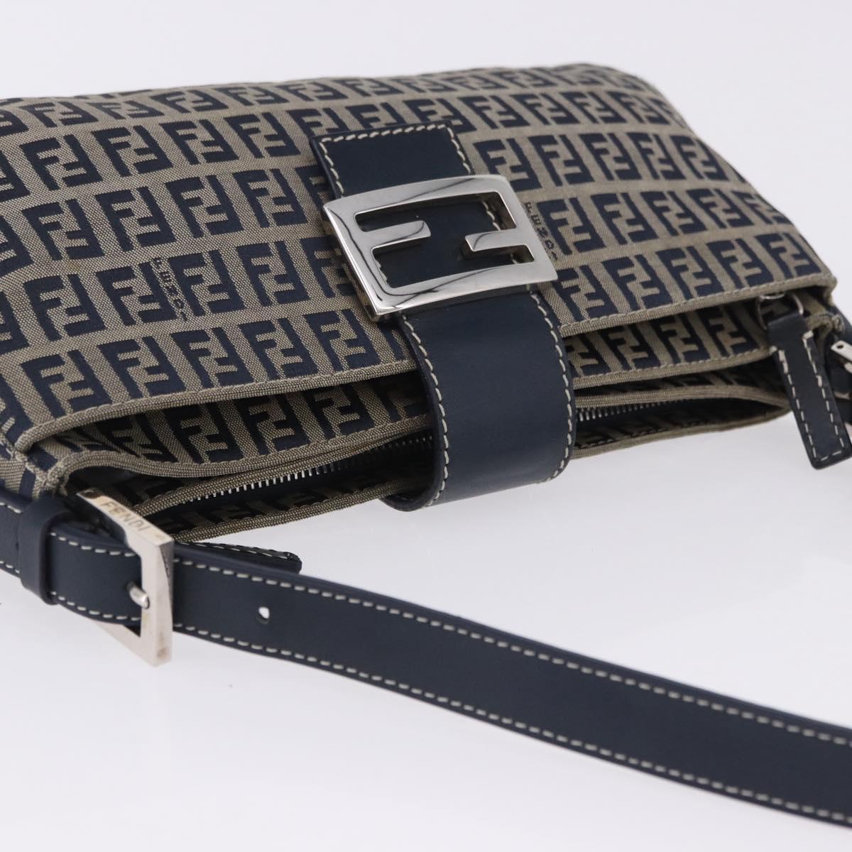 FENDI Zucchino Canvas Mamma Baguette Shoulder Bag Navy Silver Auth 198254V