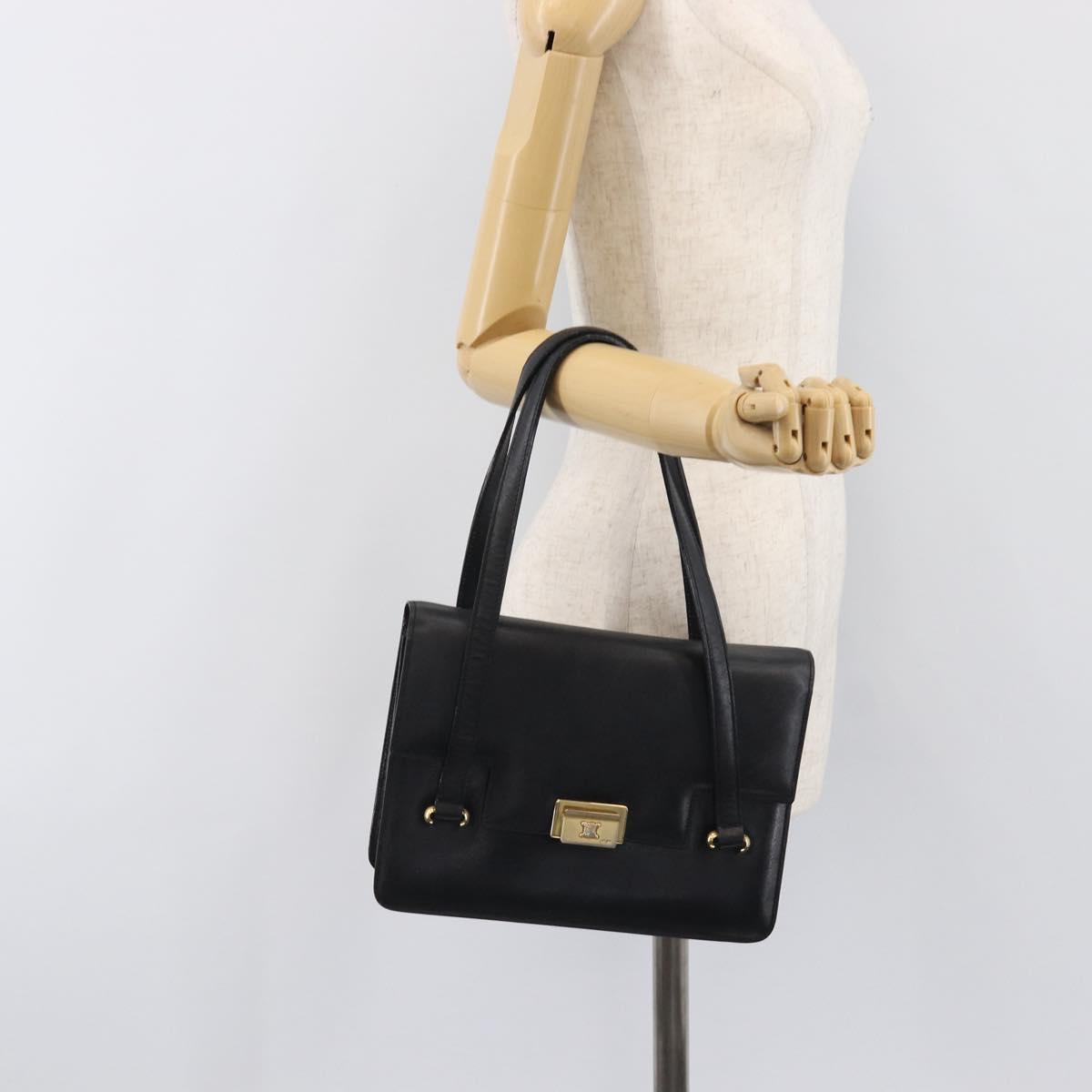 CELINE Hand Bag Leather Black Gold Auth 198264