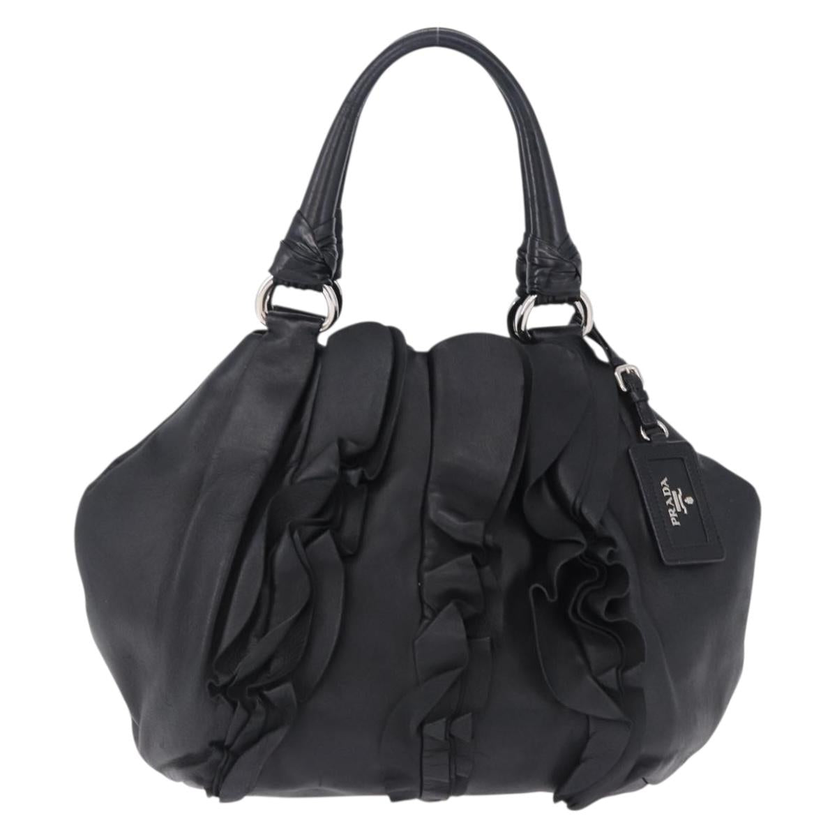 PRADA Hand Bag Leather Black Silver Auth 198268V