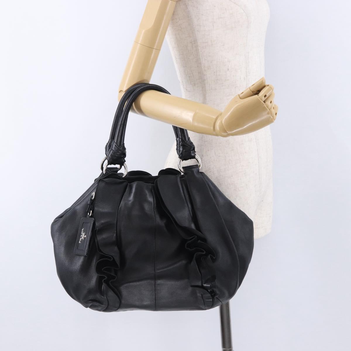 PRADA Hand Bag Leather Black Silver Auth 198268V