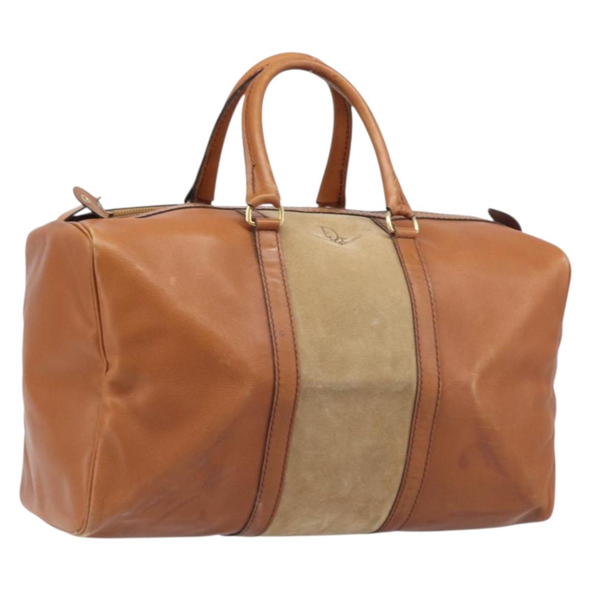 Christian Dior Boston Bag Suede Leather Gold Brown Auth 198280