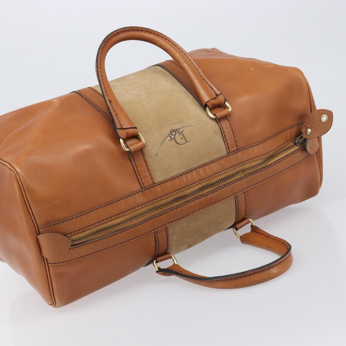 Christian Dior Boston Bag Suede Leather Gold Brown Auth 198280