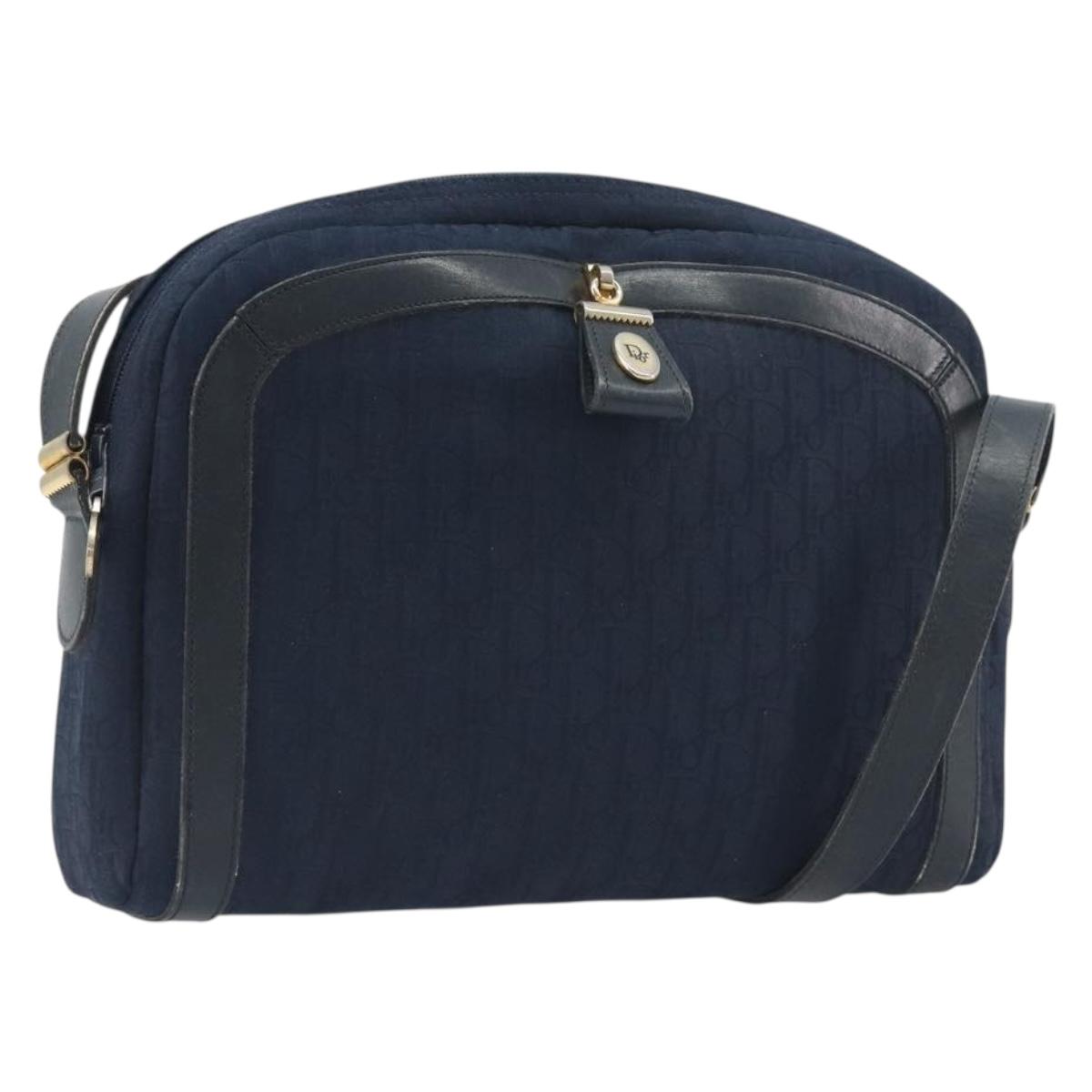 Christian Dior Trotter Canvas Shoulder Bag Navy Gold Auth 198292