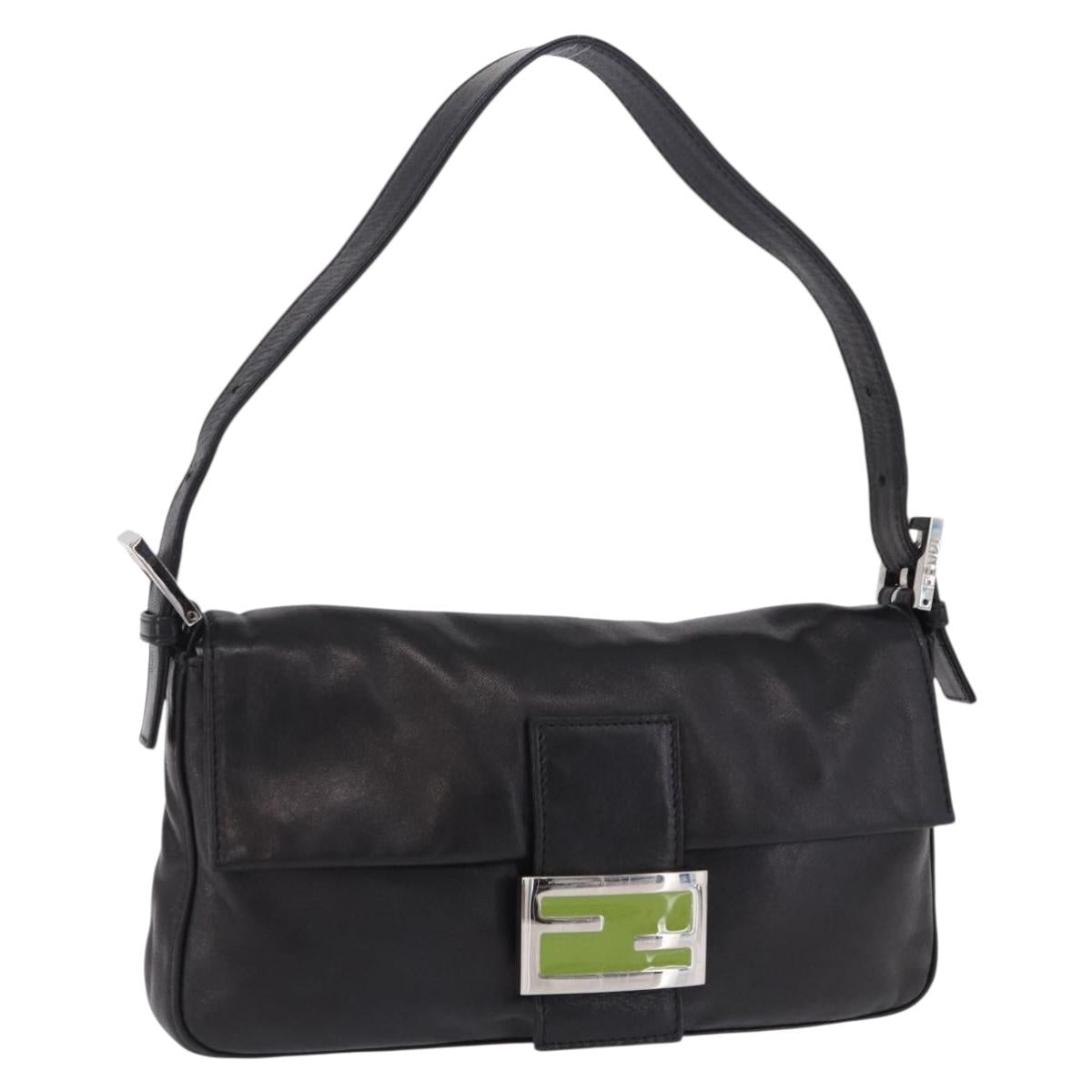 FENDI Mamma Baguette Shoulder Bag Leather Black Silver Auth 198301SAM