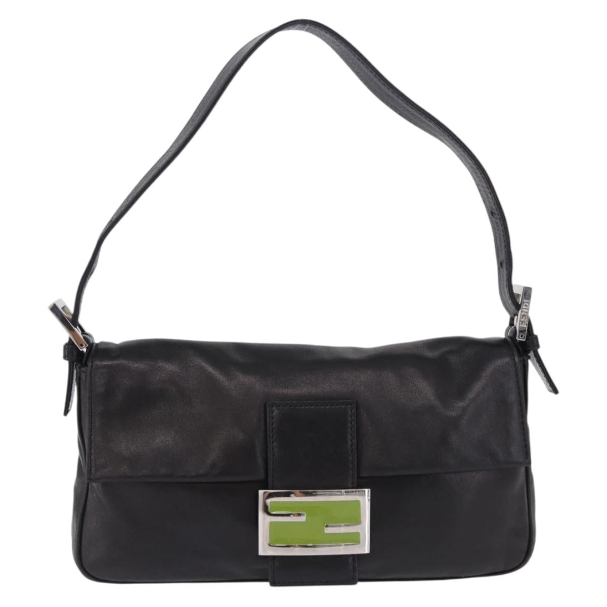 FENDI Mamma Baguette Shoulder Bag Leather Black Silver Auth 198301SAM