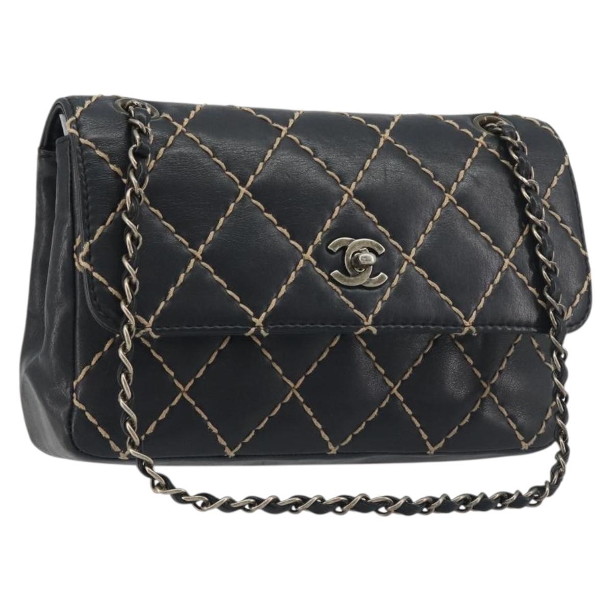 CHANEL Wild Stitch Chain Shoulder Bag Leather Black Gold CC Auth 198302V