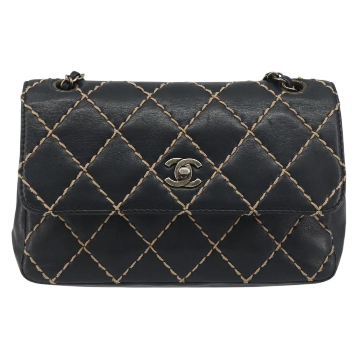 CHANEL Wild Stitch Chain Shoulder Bag Leather Black Gold CC Auth 198302V
