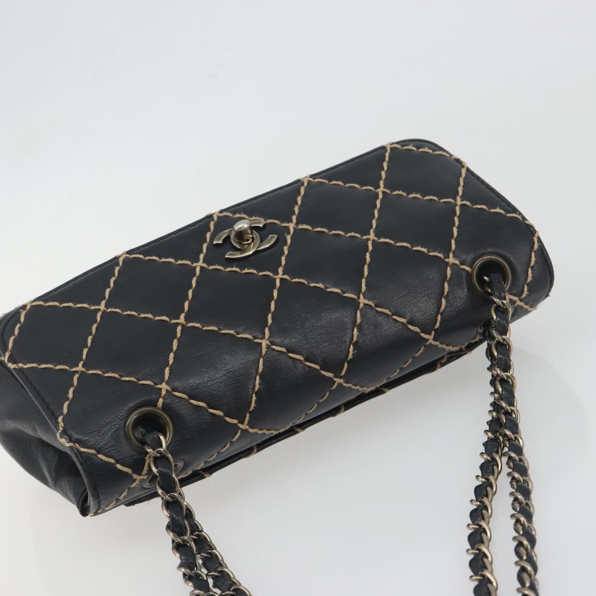 CHANEL Wild Stitch Chain Shoulder Bag Leather Black Gold CC Auth 198302V