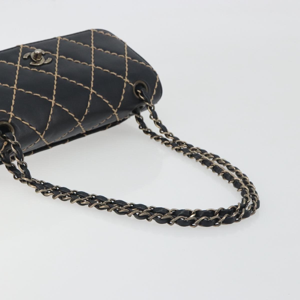 CHANEL Wild Stitch Chain Shoulder Bag Leather Black Gold CC Auth 198302V