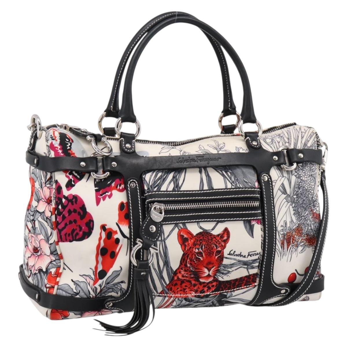 Salvatore Ferragamo Hand Bag Canvas 2way White Silver Auth 198313A