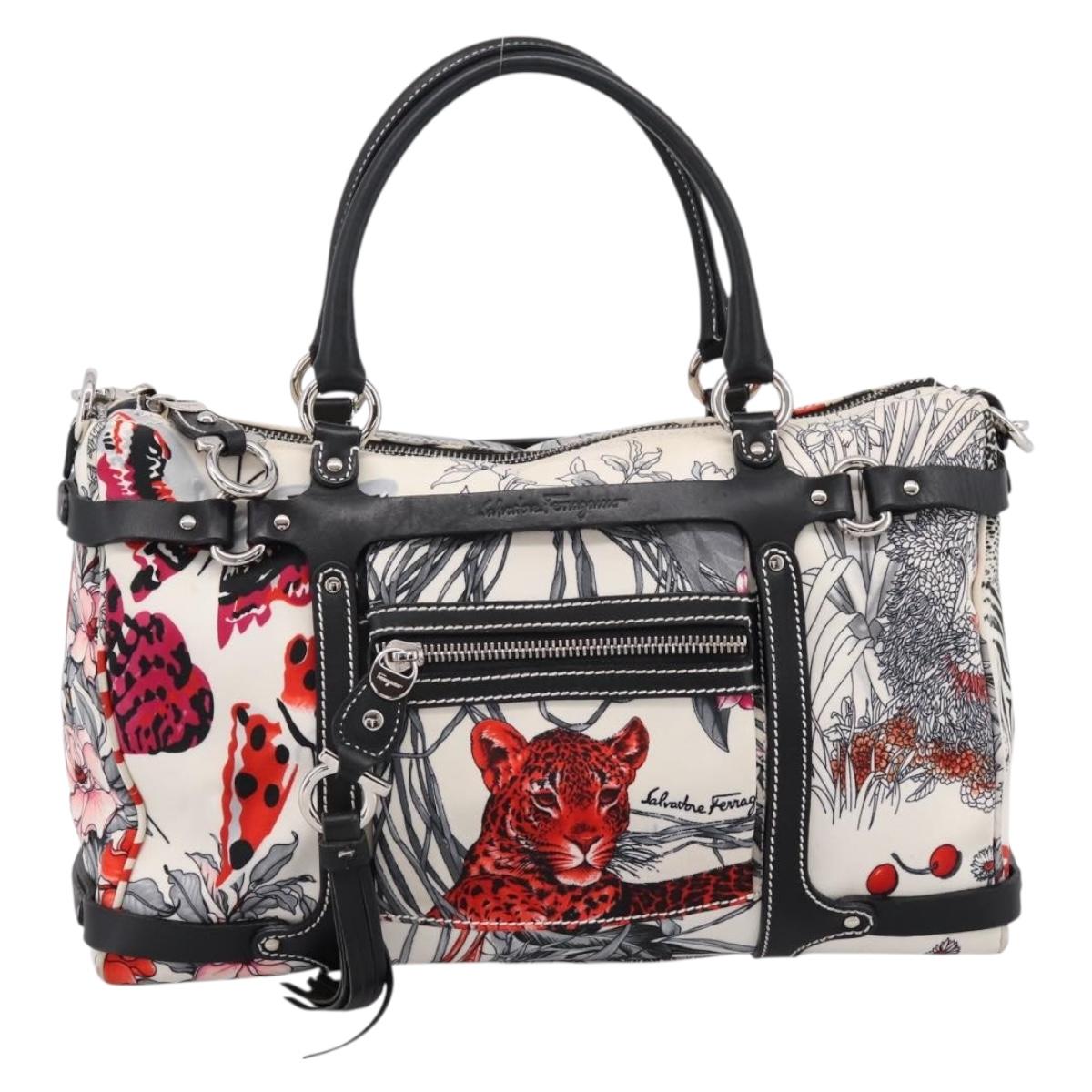 Salvatore Ferragamo Hand Bag Canvas 2way White Silver Auth 198313A
