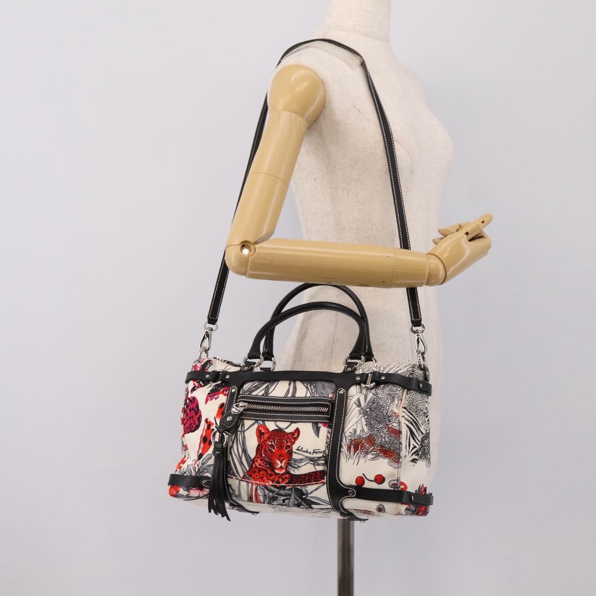Salvatore Ferragamo Hand Bag Canvas 2way White Silver Auth 198313A