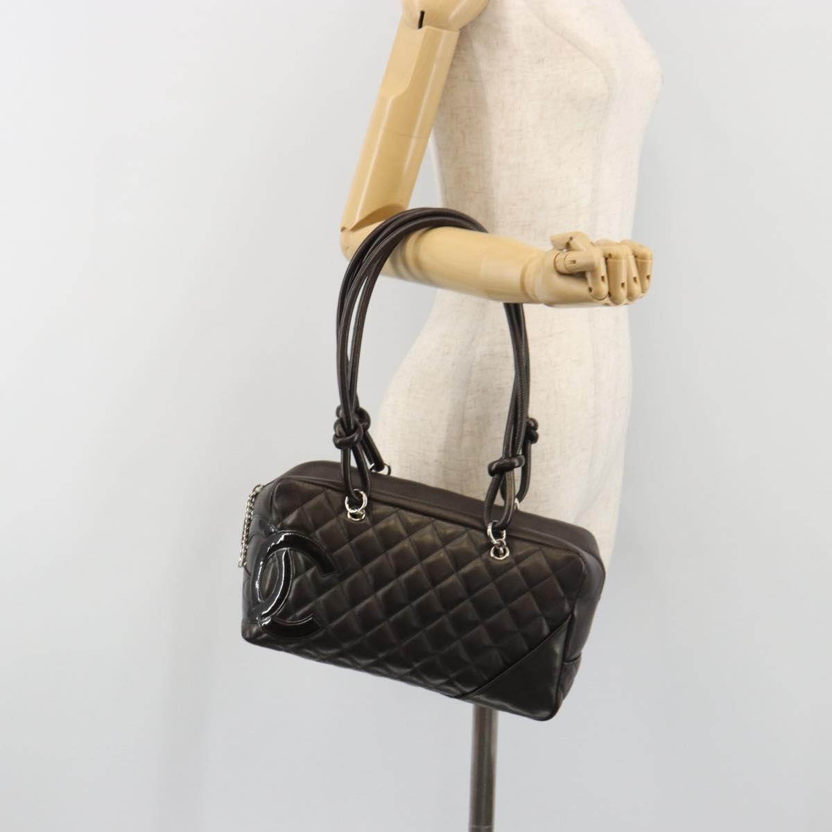 CHANEL Cambon Line Matelasse Bowling Bag Leather Dark Brown CC Auth 198322SAV