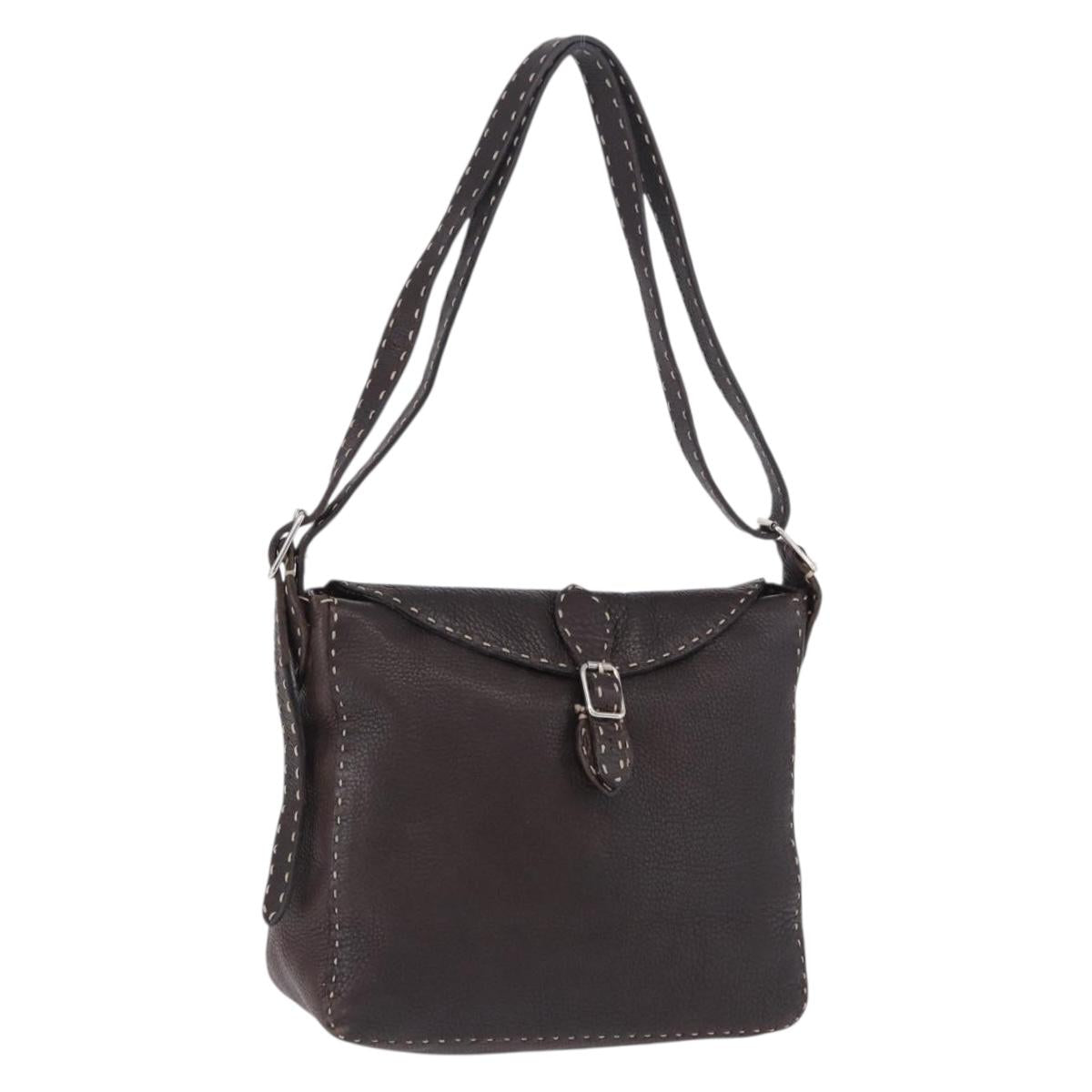 FENDI Celeria Shoulder Bag Leather Brown Silver Auth 198325