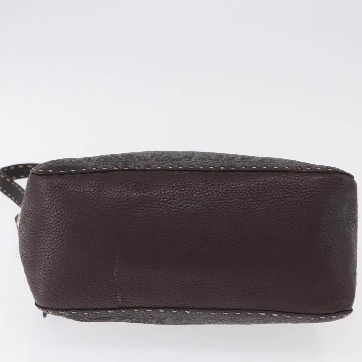 FENDI Celeria Shoulder Bag Leather Brown Silver Auth 198325