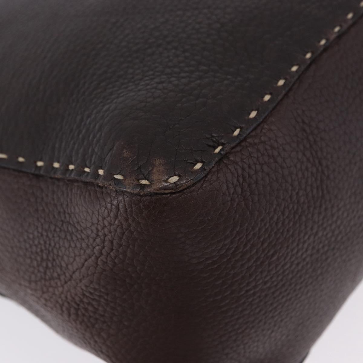 FENDI Celeria Shoulder Bag Leather Brown Silver Auth 198325