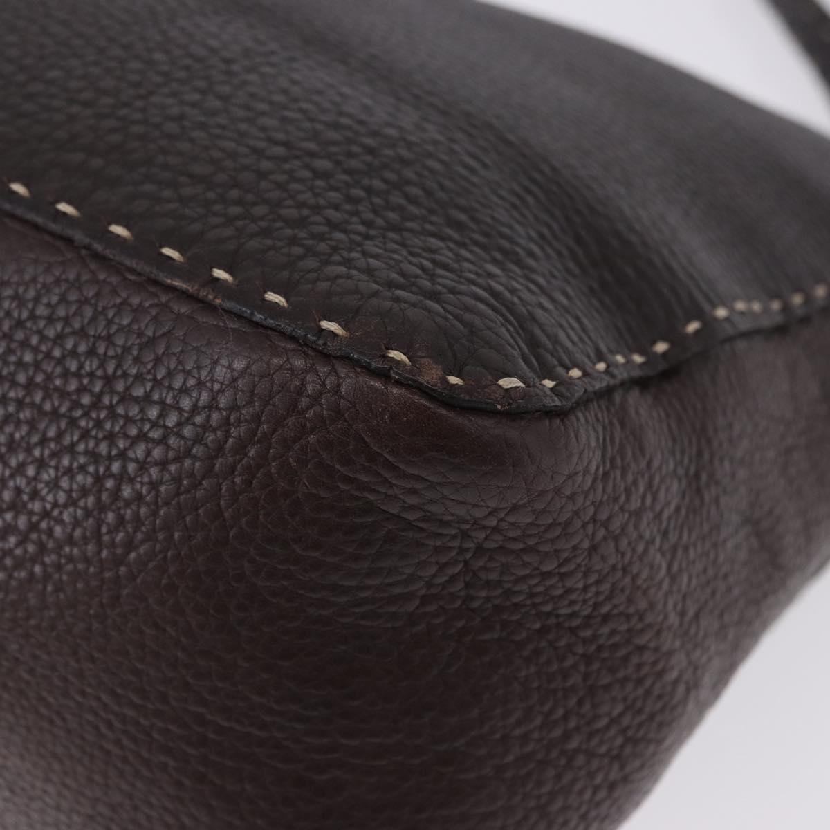 FENDI Celeria Shoulder Bag Leather Brown Silver Auth 198325
