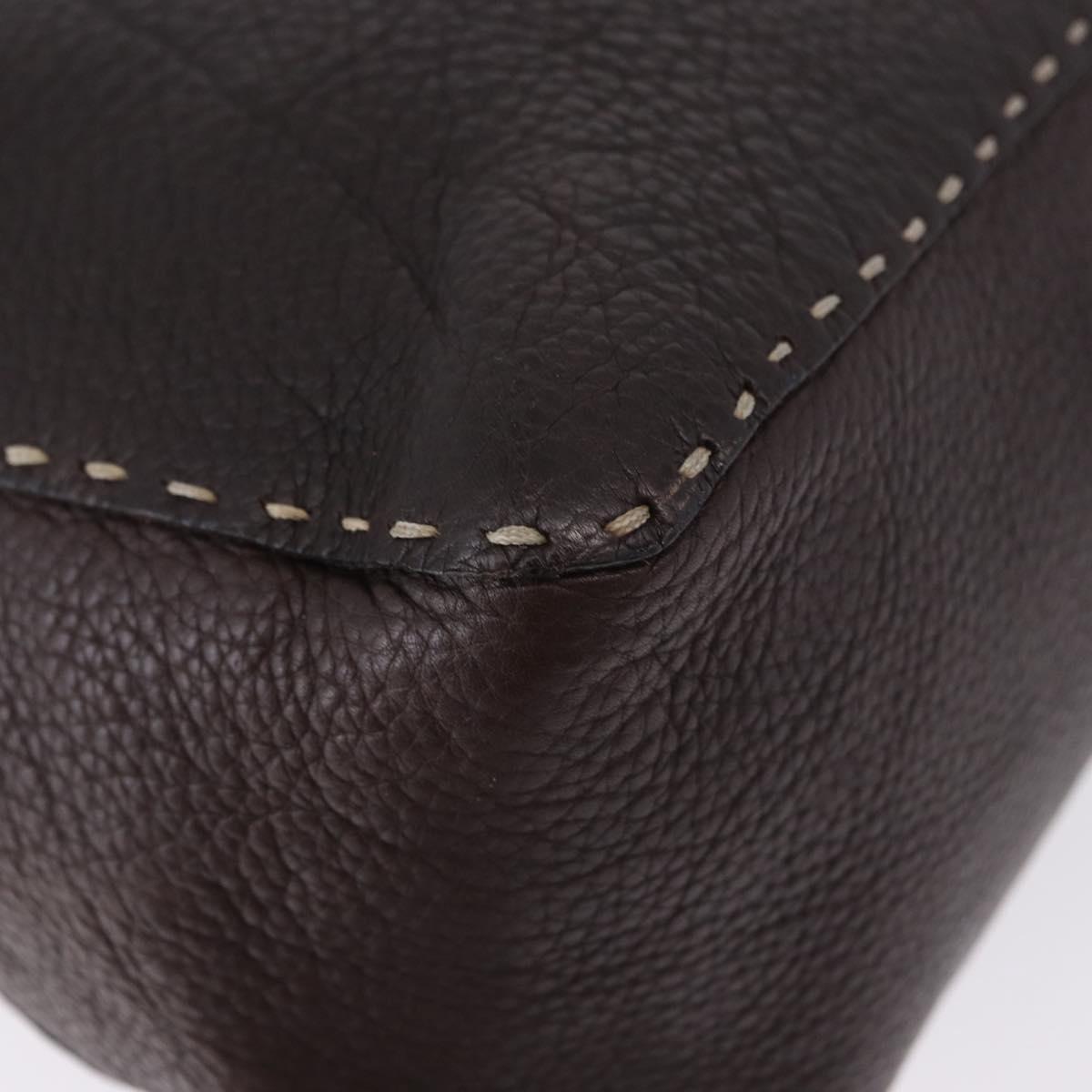 FENDI Celeria Shoulder Bag Leather Brown Silver Auth 198325