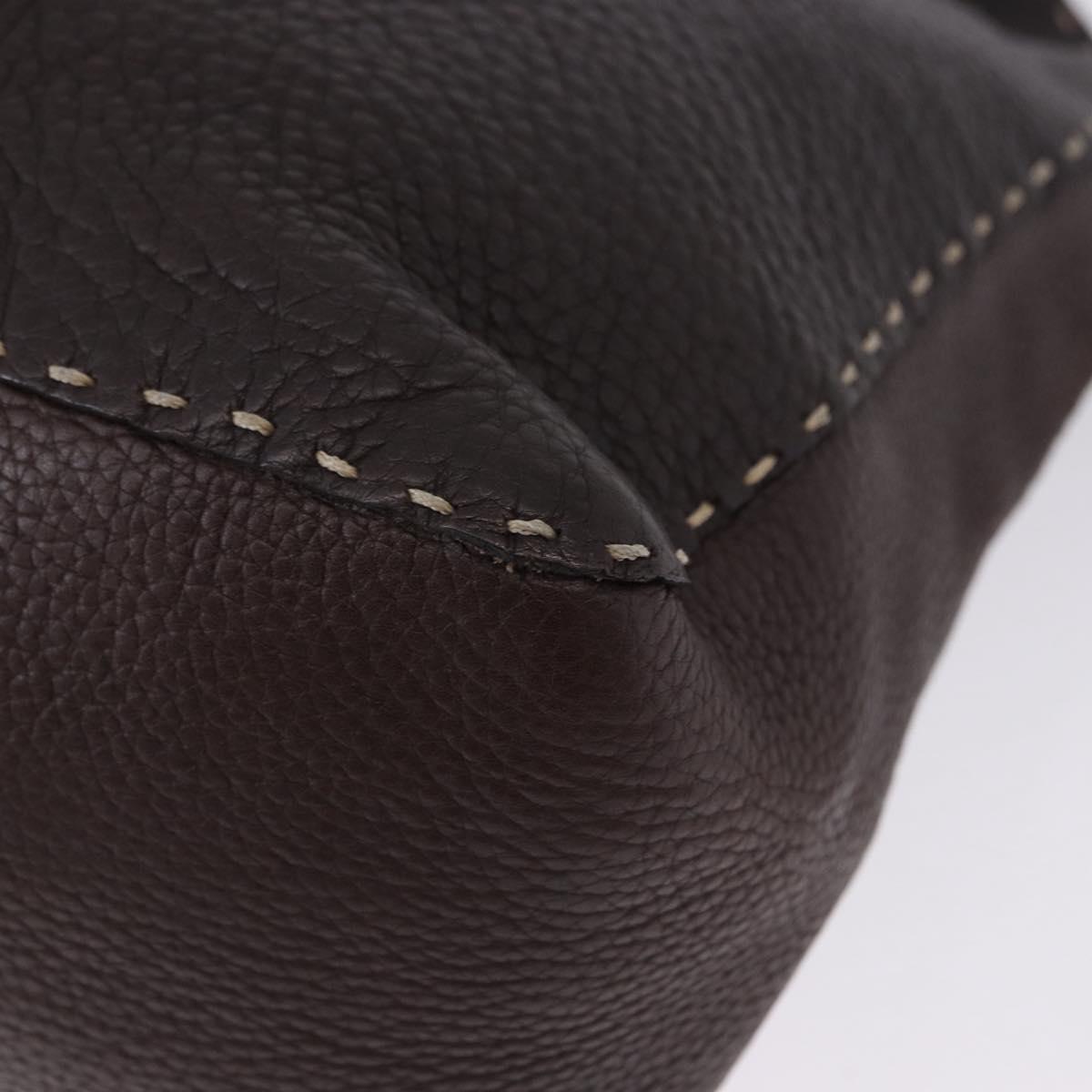 FENDI Celeria Shoulder Bag Leather Brown Silver Auth 198325